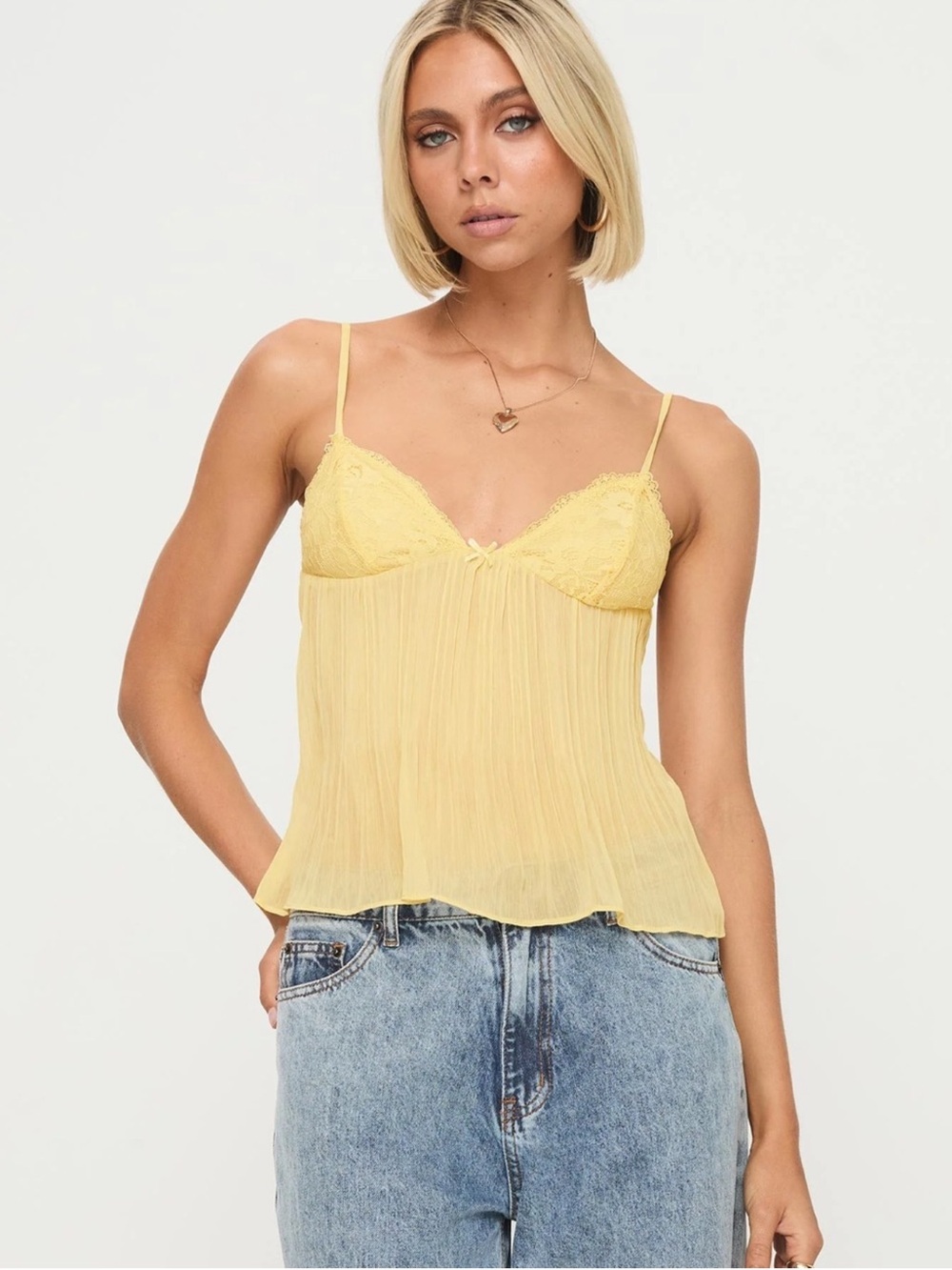 Princess Polly Sunny Yellow Lace-Trim Pleated Cami